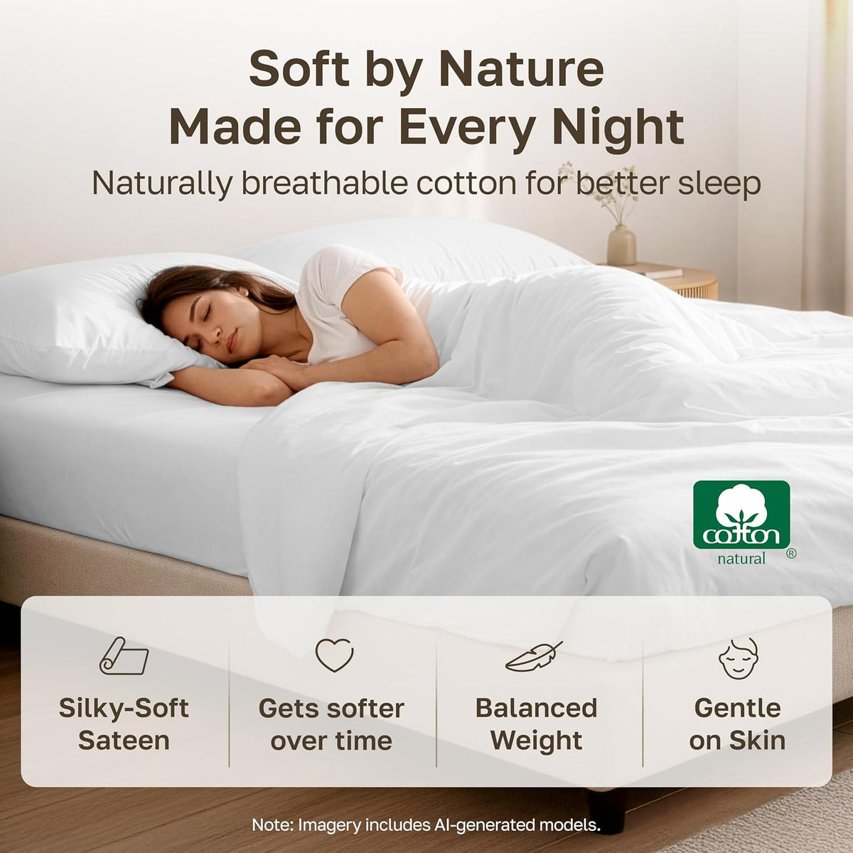 California Design Den Soft 100% Cotton Sateen Fitted Sheet Queen, White
