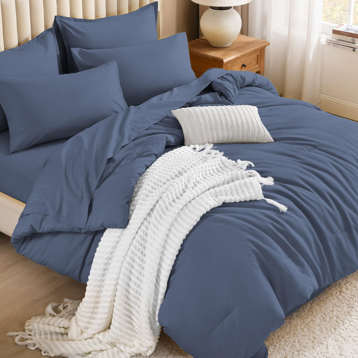 Litanika King Comforter Set with Sheets Beige - 7 Pieces Solid Bed in a Bag