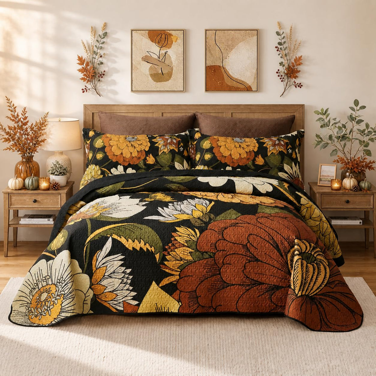 Tyrot 3 Piece Black Boho Floral Butterfly King Quilt Bedding Sets