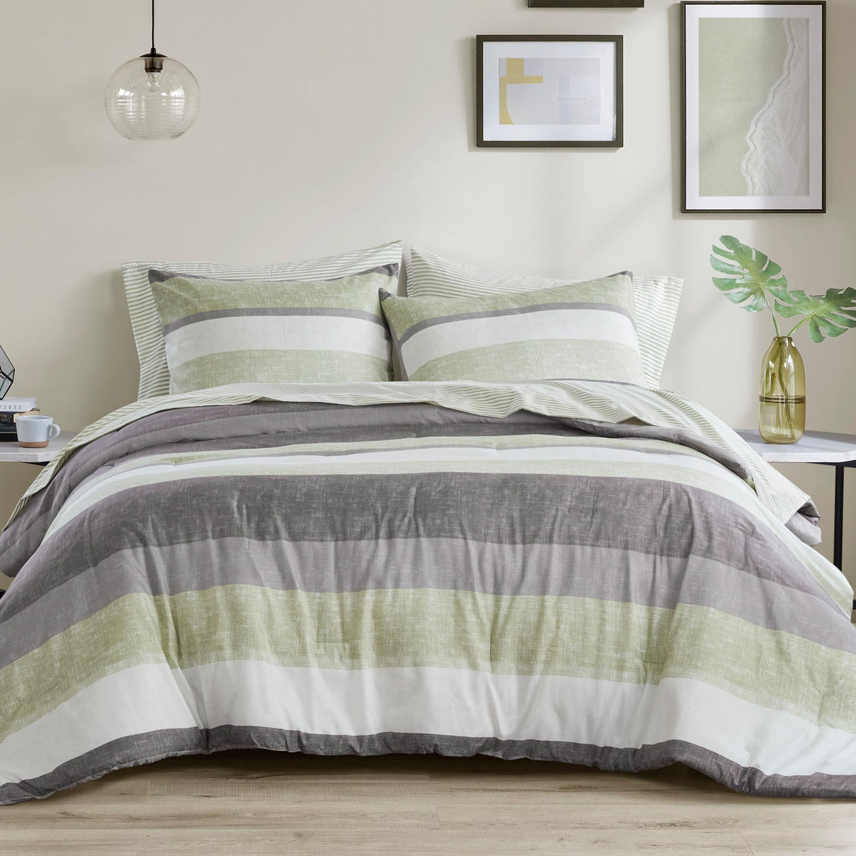 Madison Park Essentials Queen Comforter Set, Bed in A Bag Comforter & Sheet Set, Modern Casual Stripes Print, All Seasons, Soft Microfiber Bedding Makeover, Matching Shams, Queen Taupe/Grey 7 Piece