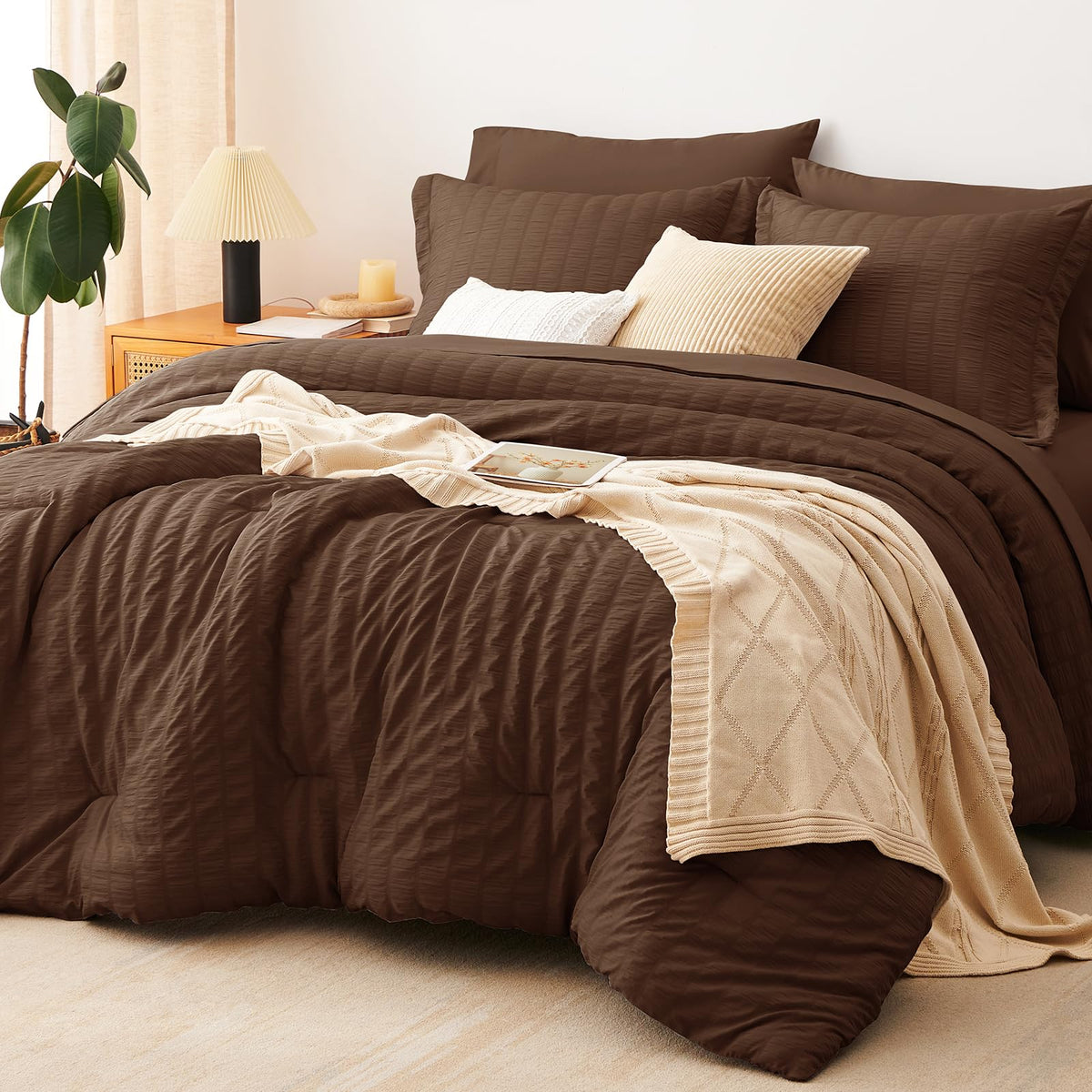 CozyLux Queen Comforter Set, 7 Pieces Beige Seersucker Bed in a Bag