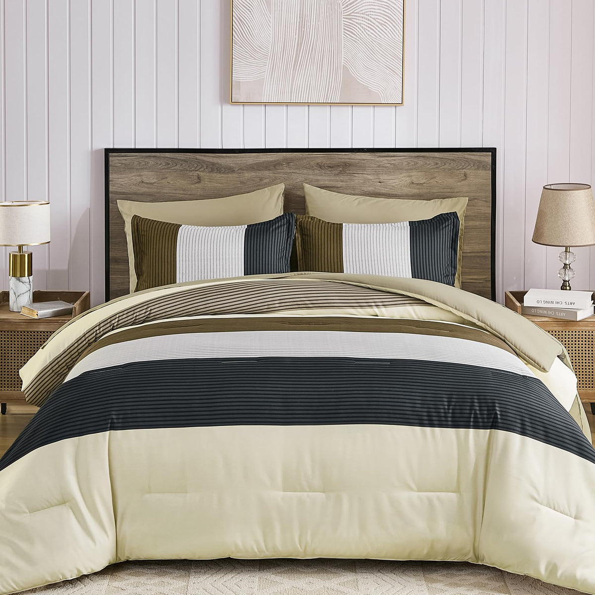 Anibedding Striped Comforter Set Queen Size, Boho Brown Green Striped Bedding Comforter Set 7 Piece Bed in a Bag, Soft Microfiber Down Alternative Farmhouse Bedding Set for All Season(90"x90")