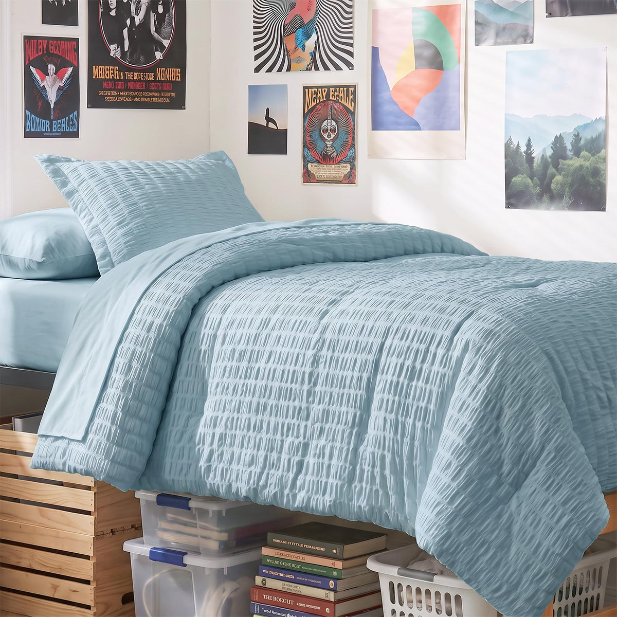 CozyLux Queen Comforter Set, 7 Pieces Beige Seersucker Bed in a Bag