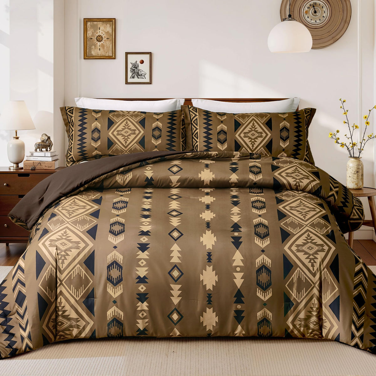 Tyrot King Comforter Set – 3 Piece Brown Boho Aztec Bedding, Western Southwestern Style Comforter Sets, Soft Lightweight Comforter for All Seasons, 1 Comforter & 2 Pillow Shams