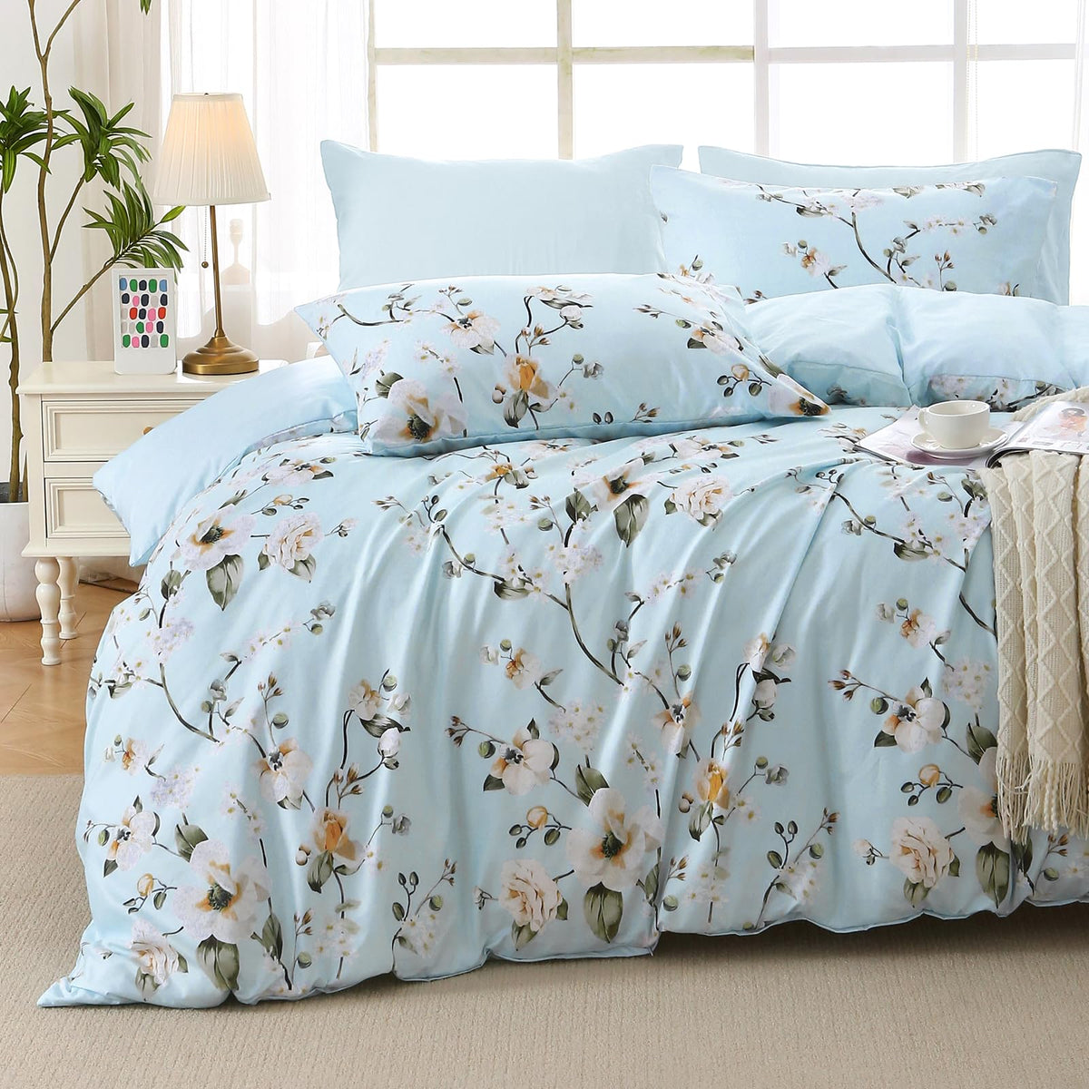 MUXHOMO Beige Full Comforter Set, Elegant Floral Print Bed in a Bag 7 Pieces, Ultra Soft & Breathable Reversible Botanical Pattern Bedding Set with Comforter, Sheets, Pillowcases, and Shams