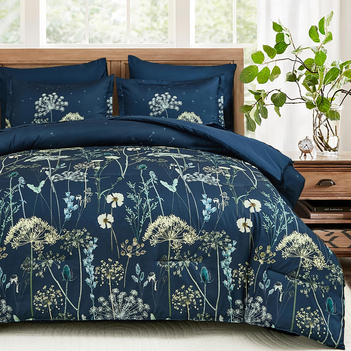 Yiran Queen Comforter Set, 7 Piece Floral Dark Green Bedding Set, Dandelion Botanical Bed in a Bag Queen, Soft Microfiber Complete Bedding Set with Comforter, Sheets, Pillowcases & Shams