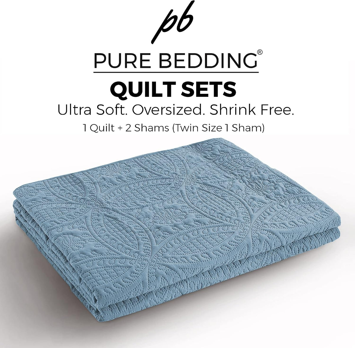 Pure Bedding Quilt Set Full/Queen Size Ash Blue - Oversized Bedspread - Soft Microfiber Lightweight Coverlet for All Season - 3 Piece Includes 1 Quilt and 2 Shams, Geometric Pattern