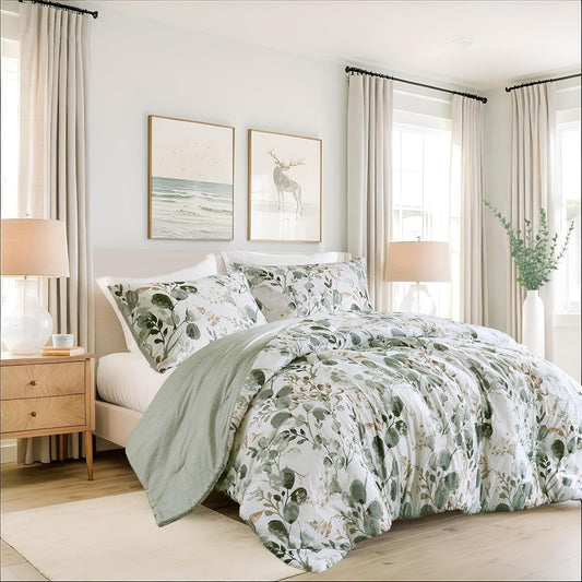 Lightweight Seersucker Botanical Comforter Set King Size, 3 Pieces Reversible Design with Striped Print, Premium Microfiber Bedding Set, Comforter and Sham Set, Green