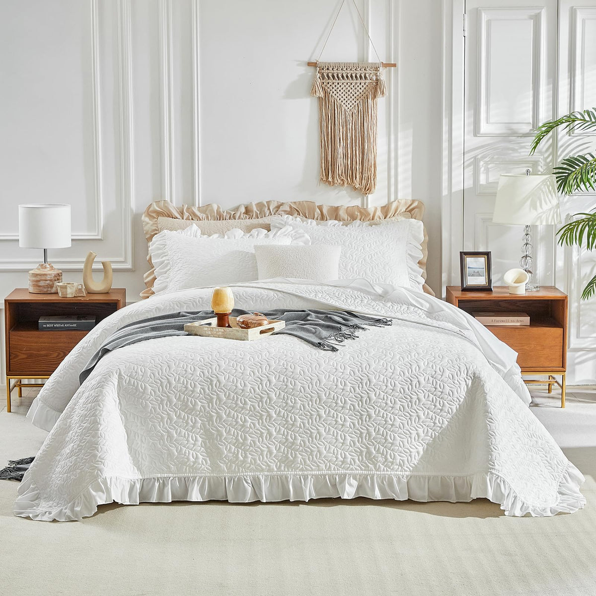 Ruffled Quilt Set King Size 96 * 108in - 3 Pieces Solid Shabby Chic Farmhouse Ruffle Bedding Rustic Coverlet & Sets Lightweight Fluffy Summer Oversized Bedspread with Shams for Women Men - Green
