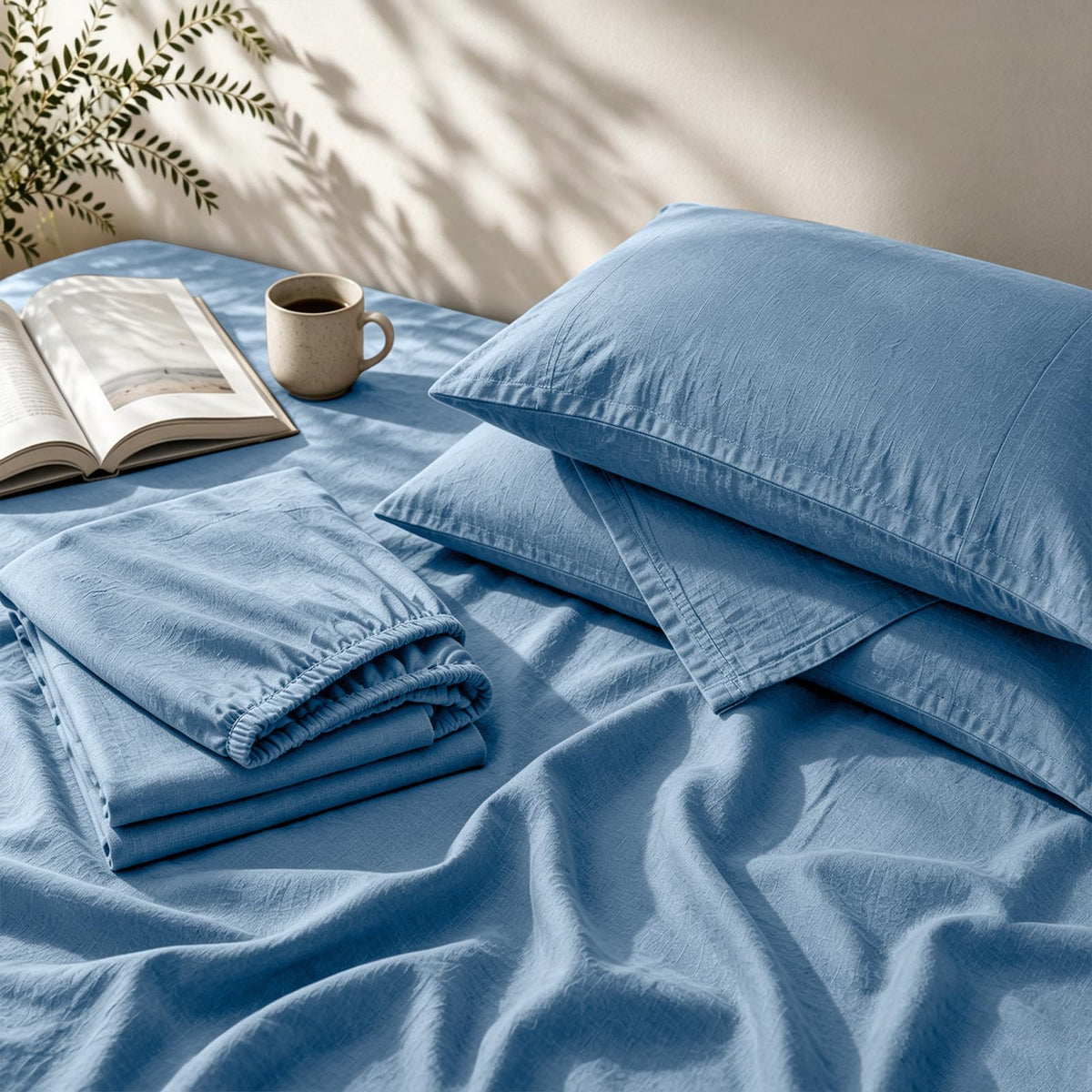 MEISHANG 100% French Linen Sheets Queen,4 Pcs,18-24" Extra Deep Pocket
