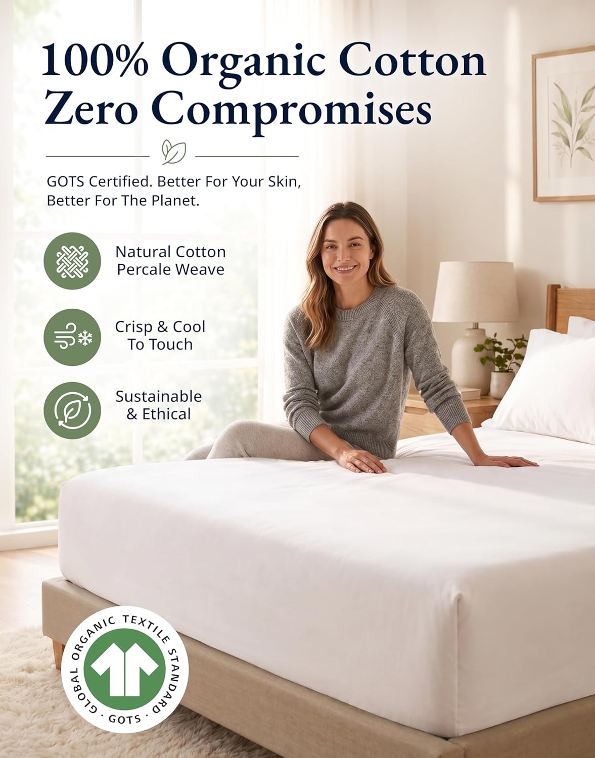 LANE LINEN 100% Organic Cotton Fitted Sheet Queen, 15" Deep Pocket Snug Fit Fully Elasticized Naturally Temperature Regulating Soft & Comfy Deep Pocket Queen - White (+Pillowcases)