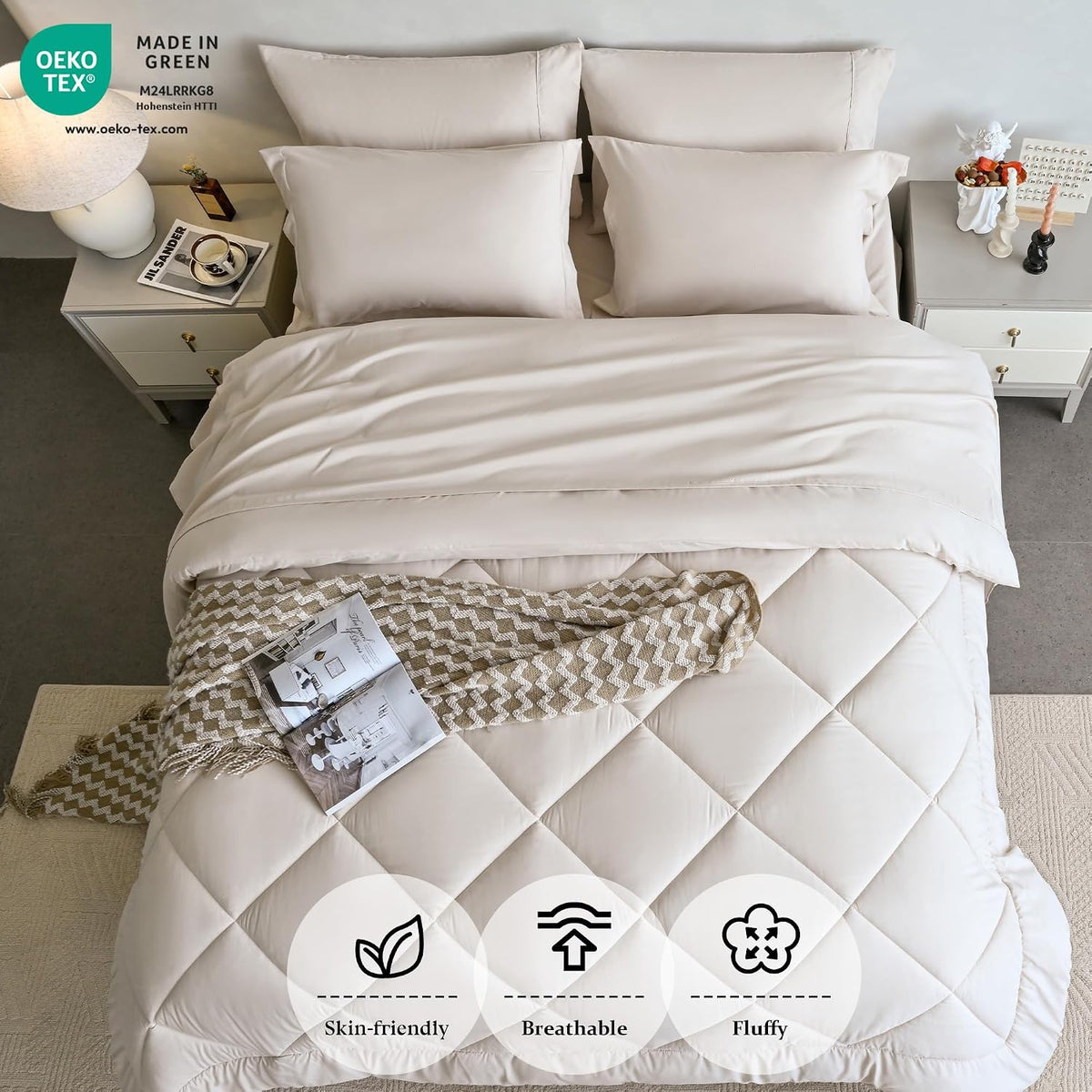 Newspin Queen Comforter Set 8 Pieces Bed in a Bag Soft Bedding Set Beige