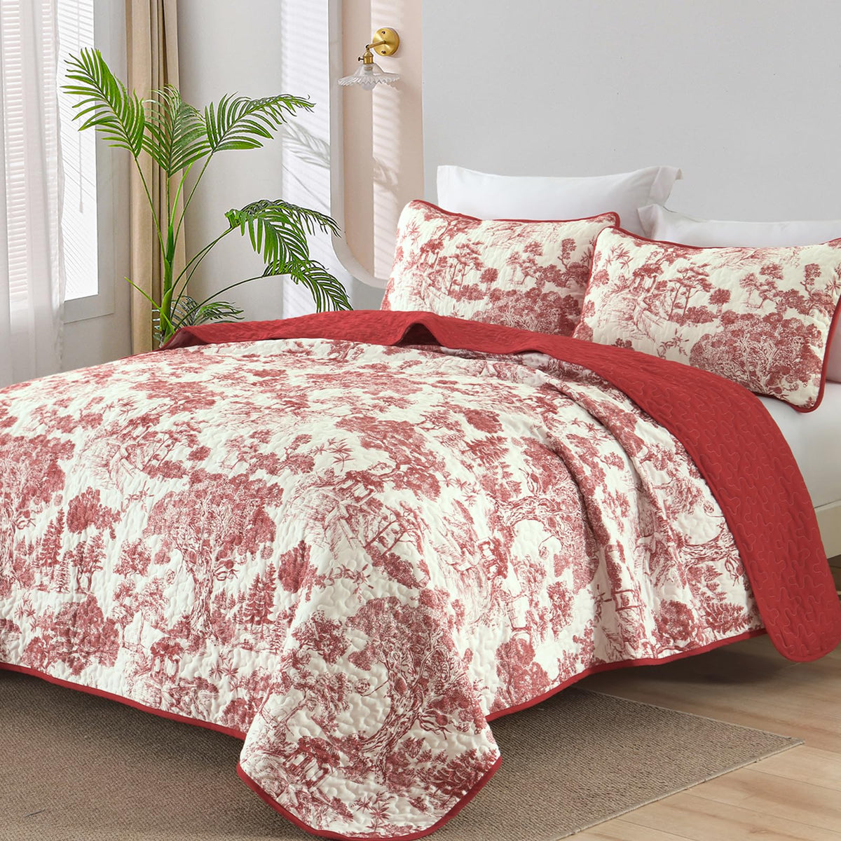 WONGS BEDDING Sage Green Quilt Set Queen Size, Botanical Floral Bedspread