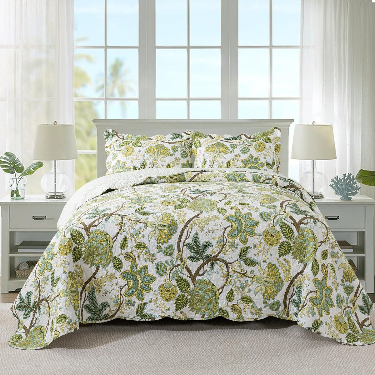 Travan 3-Piece Quilt Set Quilted Bedspread Lightweight Coverlet Set Garden Style Floral Printed Oversized Quilted Bedding Set with Shams for All Season, Exquisite, Queen Size