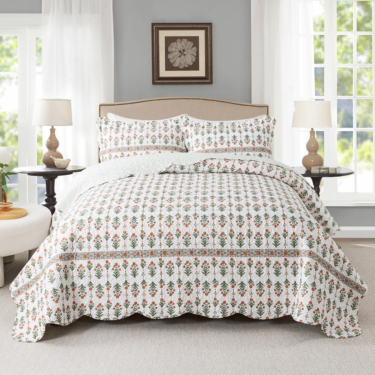Travan 3-Piece Quilt Set Quilted Bedspread Lightweight Coverlet Set Garden Style Floral Printed Oversized Quilted Bedding Set with Shams for All Season, Exquisite, Queen Size