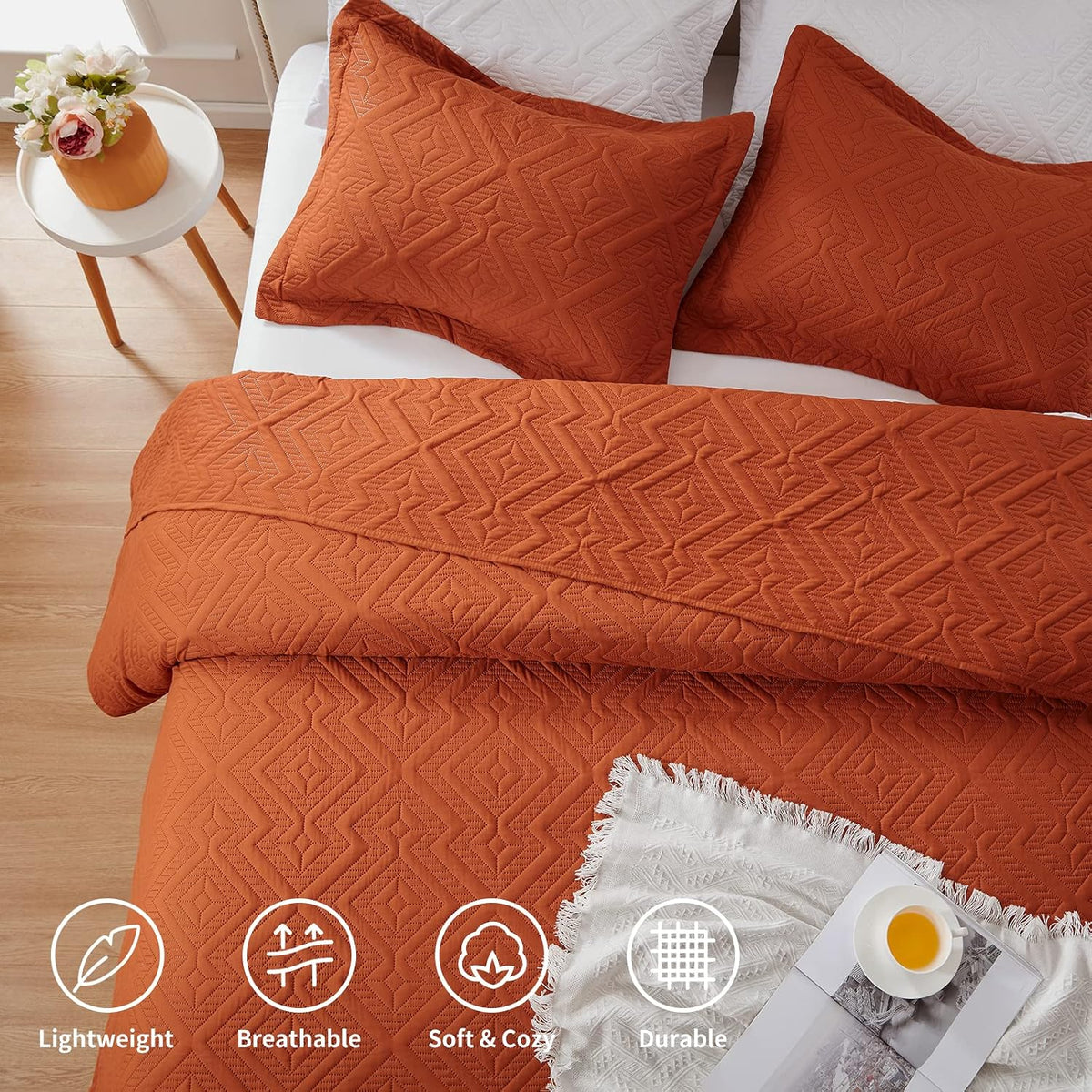 LEAONME Full/Queen Quilt Set 3 Pieces, Lightweight Burnt Orange/Rust Bedspread-90''x98'', Soft Microfiber Summer Quilt, Luxurious Warm Coverlet Set for All Seasons (Includes 1 Quilt, 2 Shams)