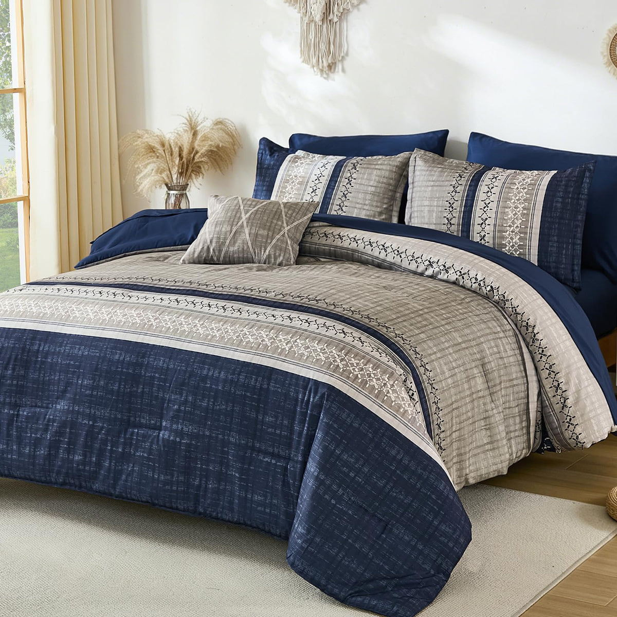 Dintszyayue Sage Green King Comforter Size Set, 8 Pieces Striped Boho Texture Bed in a Bag Sets, Lightweight Soft Bohemian Comforter and Sheet Set, All Season Microfiber Bedding Sets for Men Women