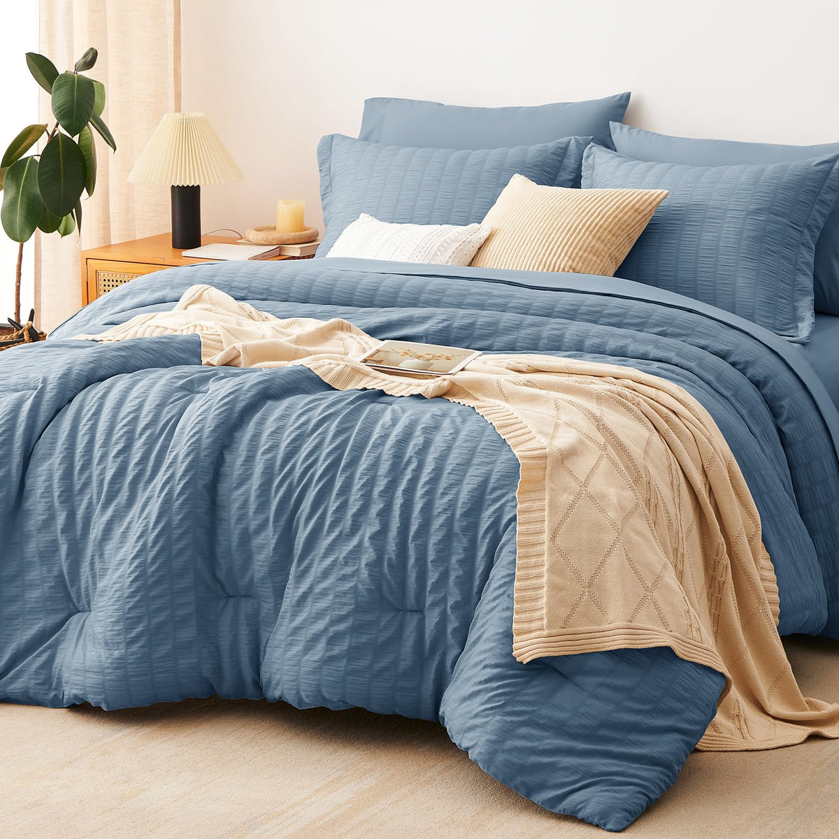 CozyLux Queen Comforter Set, 7 Pieces Beige Seersucker Bed in a Bag