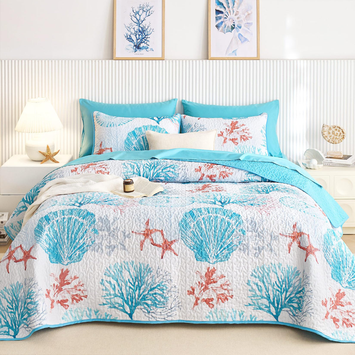 Wake In Cloud - Coastal Quilt Set, Nautical Ocean Beach Themed Tropical Summer Patterned, Reversible Lightweight Bedspread Coverlet, 3 Pieces, Aqua Turquoise, Queen/Full Size
