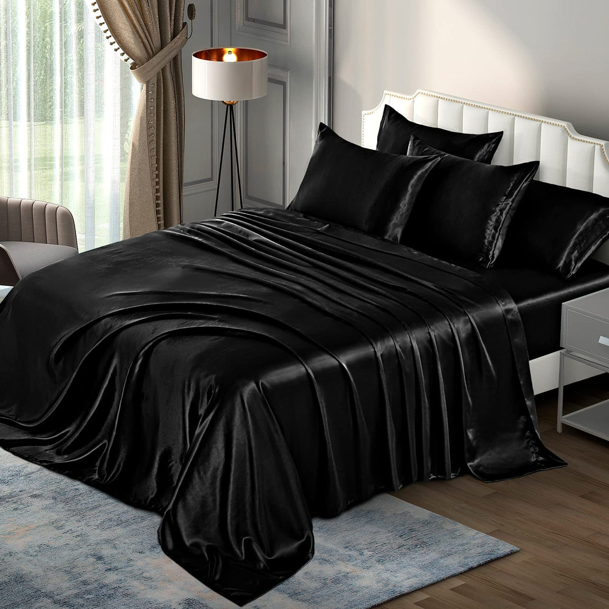 P Pothuiny Satin Sheets Set, Queen (6 Pieces, Taupe) - Luxury Soft Bed Linen Set with 1 Fitted Sheet, 1 Flat Sheet, 4 Pillowcases