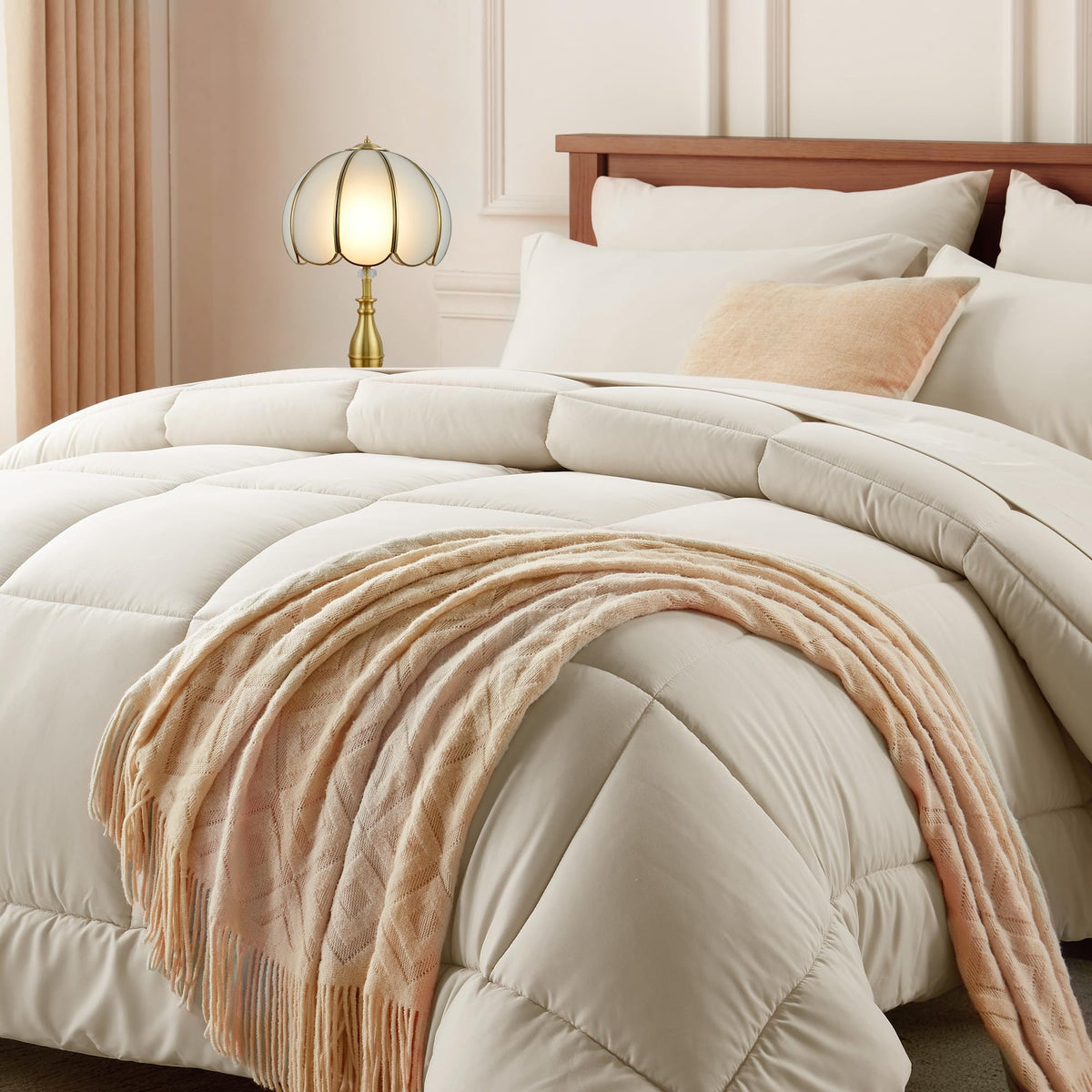 Newspin Queen Comforter Set 8 Pieces Bed in a Bag Soft Bedding Set Beige