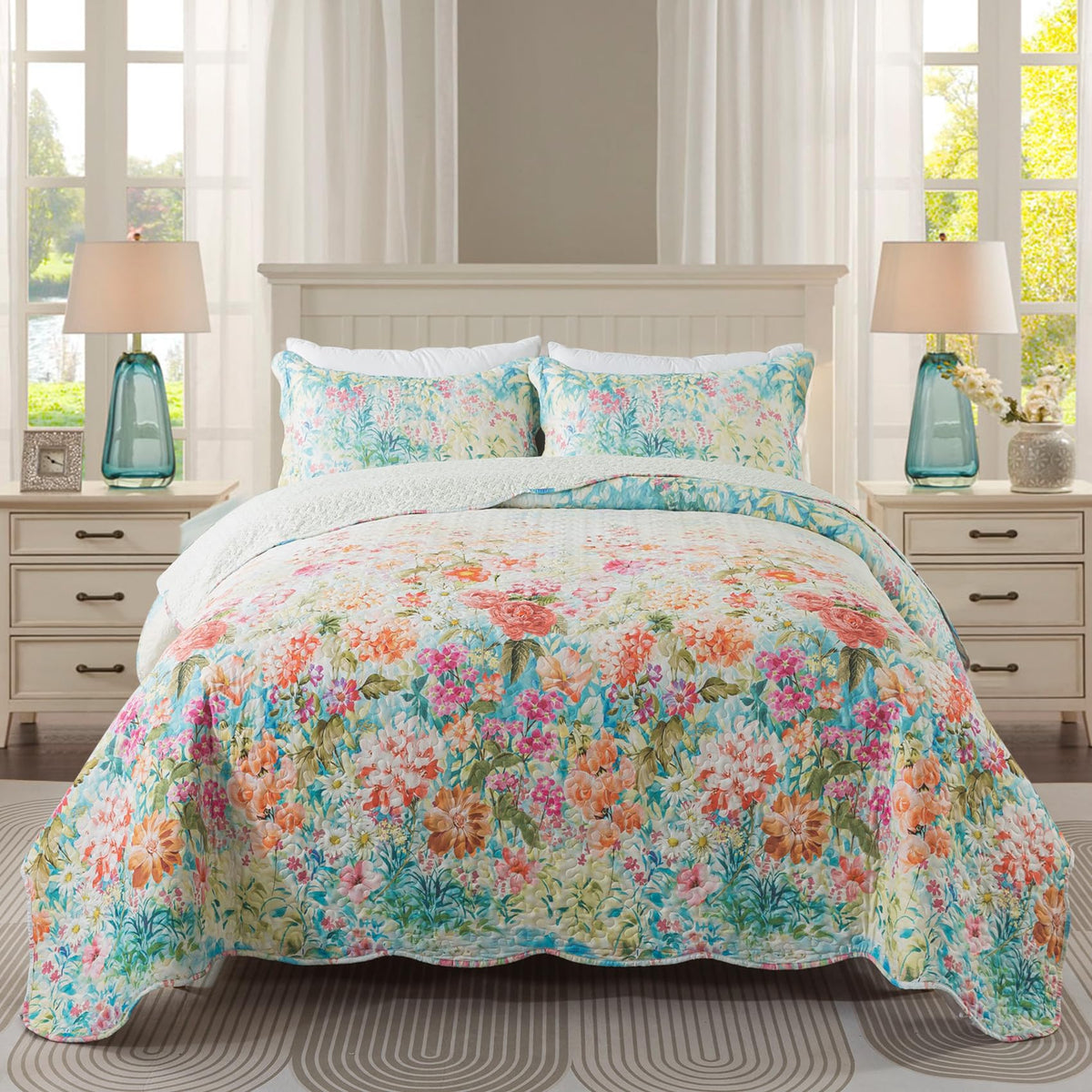 Travan 3-Piece Quilt Set Quilted Bedspread Lightweight Coverlet Set Garden Style Floral Printed Oversized Quilted Bedding Set with Shams for All Season, Exquisite, Queen Size