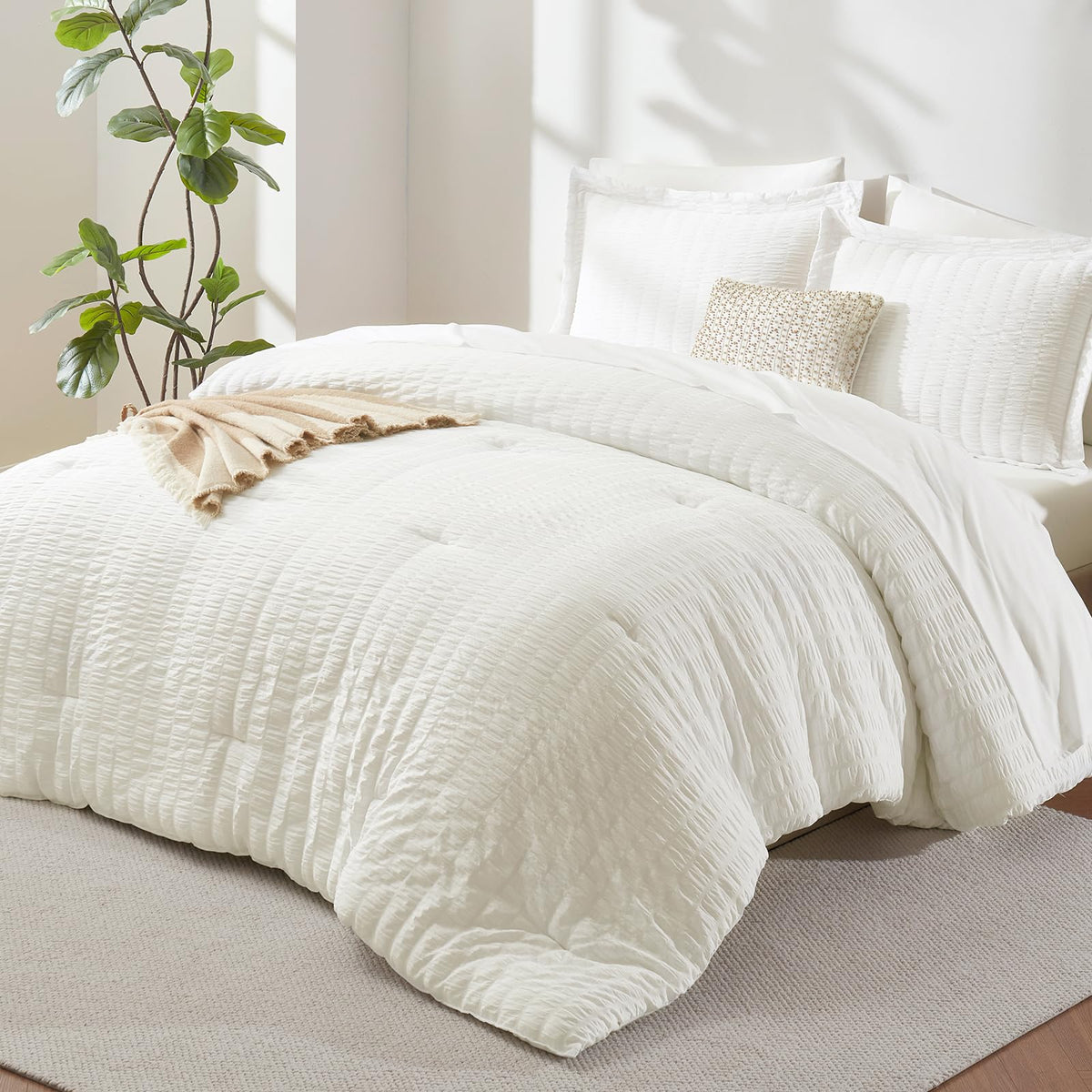 CozyLux Queen Comforter Set, 7 Pieces Beige Seersucker Bed in a Bag