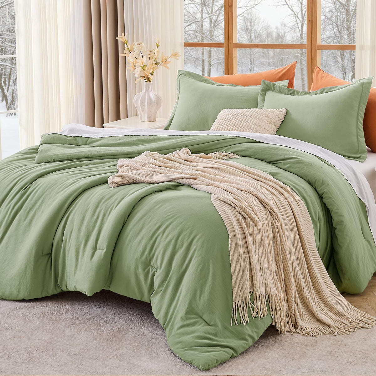 MUXHOMO Queen Size Comforter Set Beige, 3 Piece Solid Bedding for All Seasons, Warm Down Alternative Bed Set Includes 1 Lightweight Comforter (90"x90") and 2 Pillowshams (20"x26")