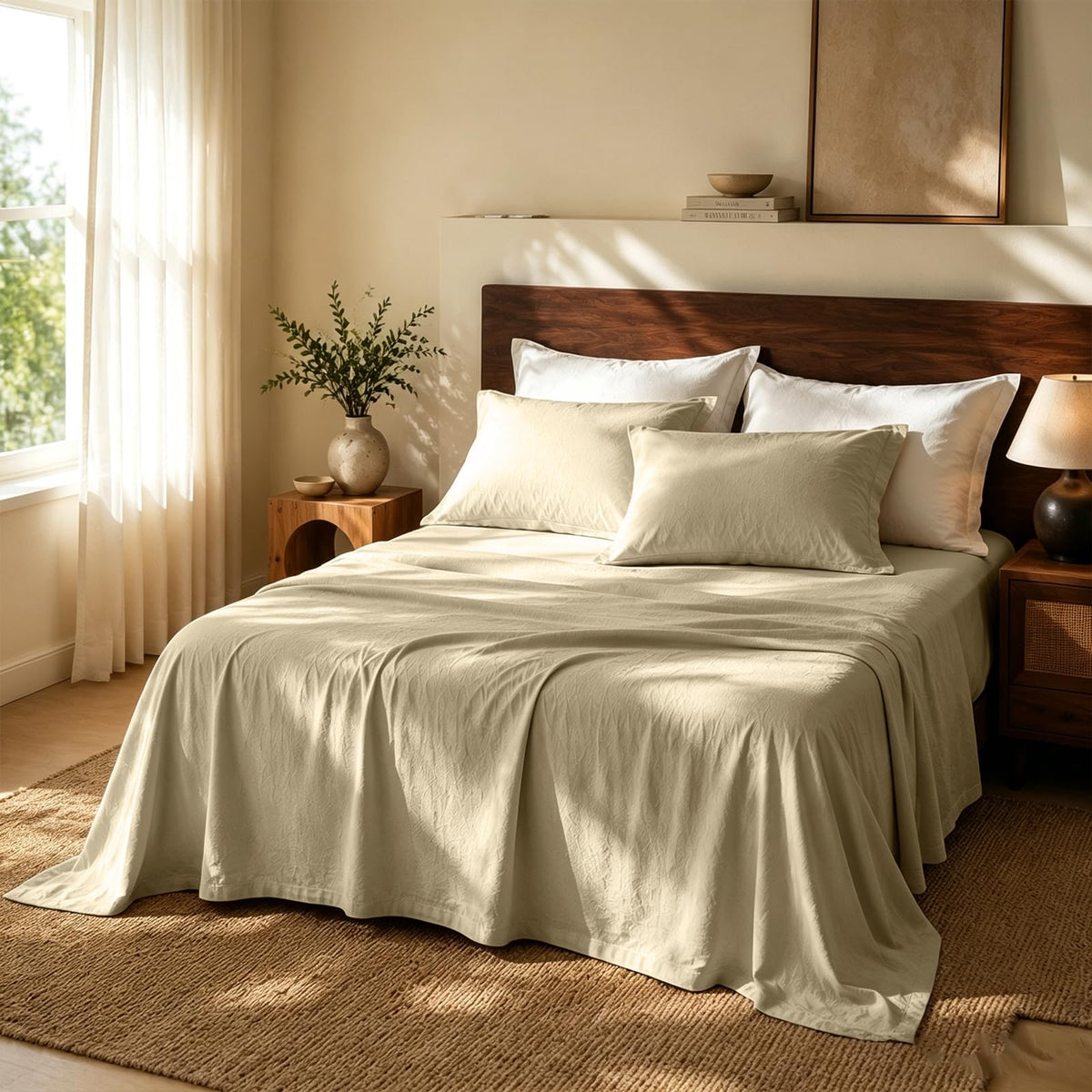 MEISHANG 100% French Linen Sheets Queen,4 Pcs,18-24" Extra Deep Pocket