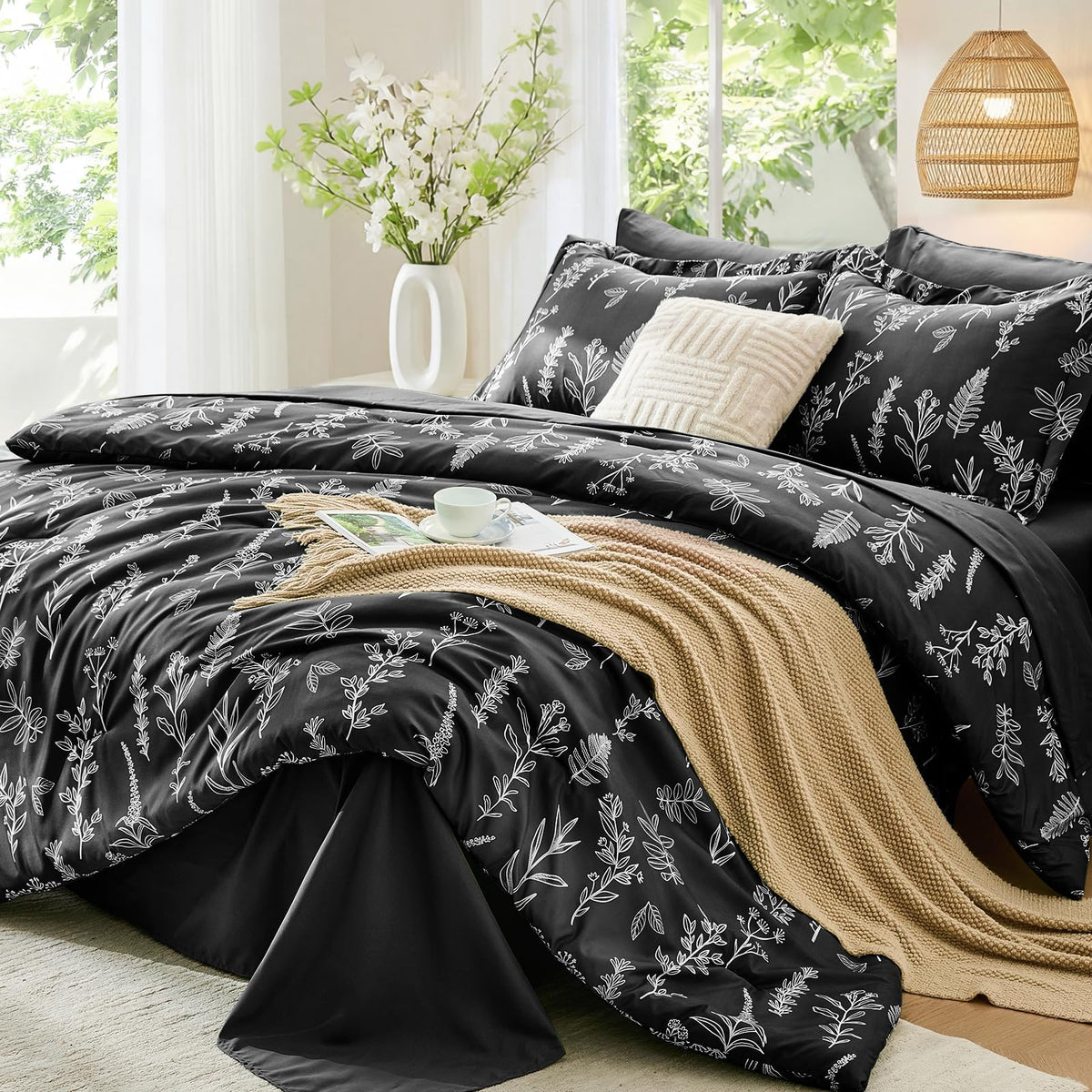 MUXHOMO Beige Full Comforter Set, Elegant Floral Print Bed in a Bag 7 Pieces, Ultra Soft & Breathable Reversible Botanical Pattern Bedding Set with Comforter, Sheets, Pillowcases, and Shams