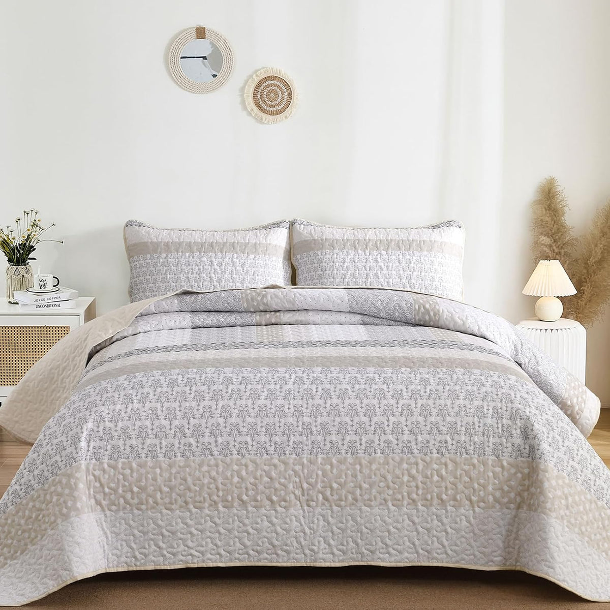 WONGS BEDDING Beige Quilt Queen Size, Boho Striped Bedspread
