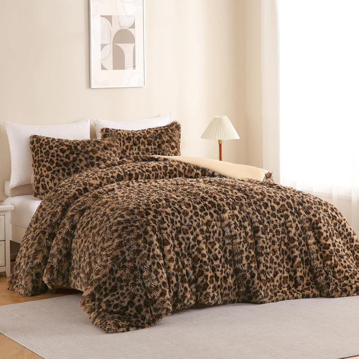 Cheetah Print Fluffy Faux Fur Comforter Set Full Size, 3 Pieces, Brown