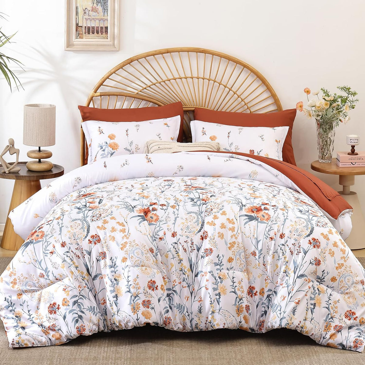 7 Piece Floral Full Size Comforter Set,Burnt Orange Cute Bedding for Girls