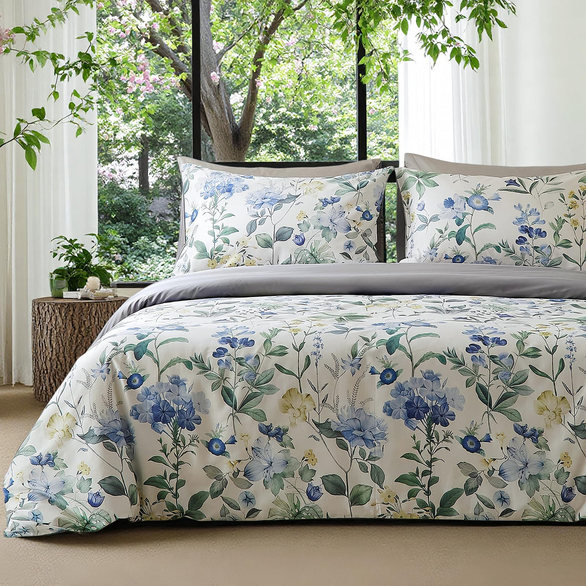 mixinni Duvet Cover Set King Size Bird Flower Pattern Soft Long Staple Cotton Floral Bedding Comforter Cover Set with Zipper Ties for Women and Men, Ultra Soft, Breathable, Easy Care-King Size