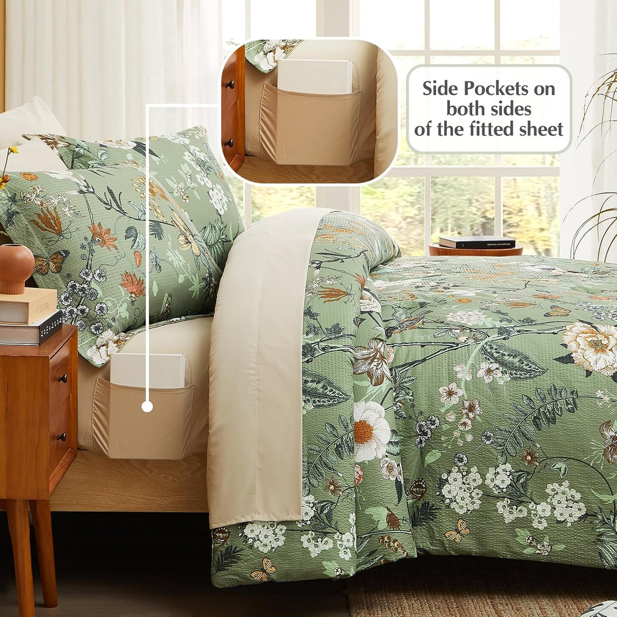 Queen Comforter Set - 7 Pieces Soft Floral Bed in a Bag Queen Bedding Sets