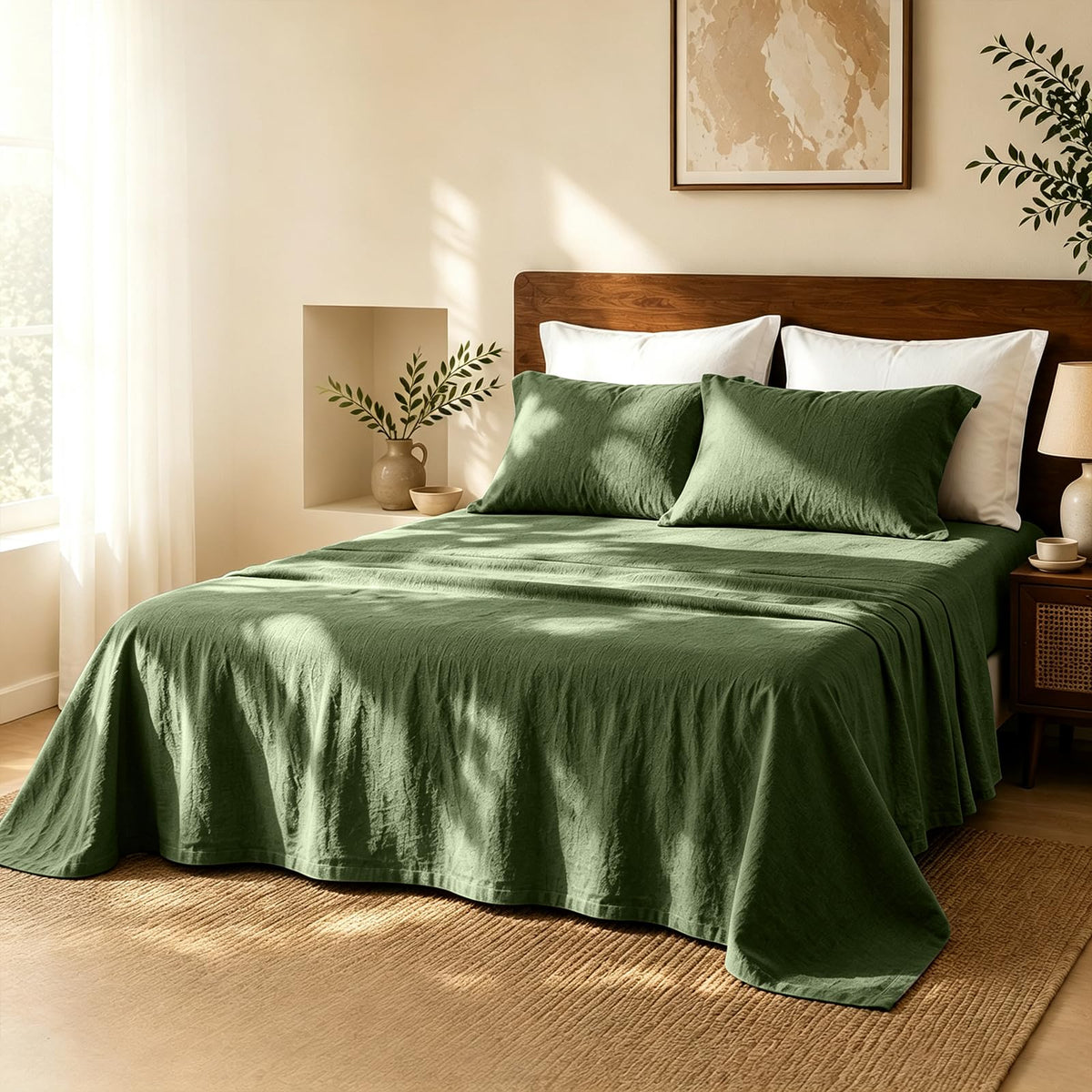 MEISHANG 100% French Linen Sheets Queen,4 Pcs,18-24" Extra Deep Pocket