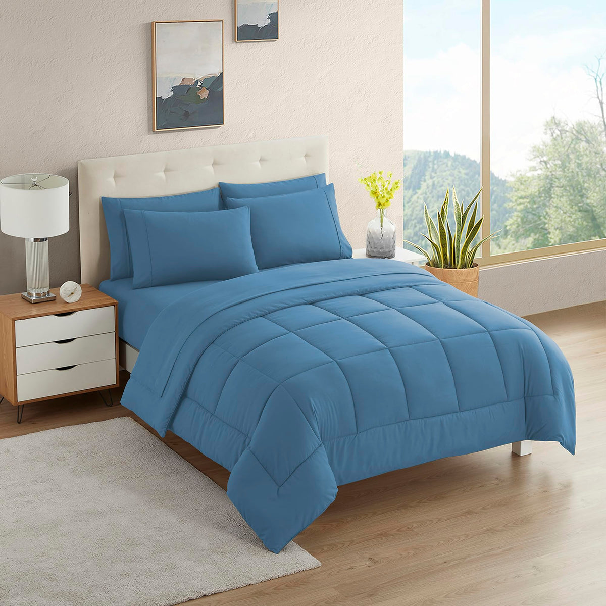 Sweet Home Collection 5 Piece Comforter Set Bag Solid Color All Season Soft Down Alternative Blanket & Luxurious Microfiber Bed Sheets, Navy, Twin