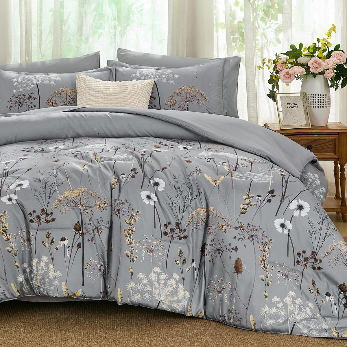 Yiran Queen Comforter Set, 7 Piece Floral Dark Green Bedding Set, Dandelion Botanical Bed in a Bag Queen, Soft Microfiber Complete Bedding Set with Comforter, Sheets, Pillowcases & Shams