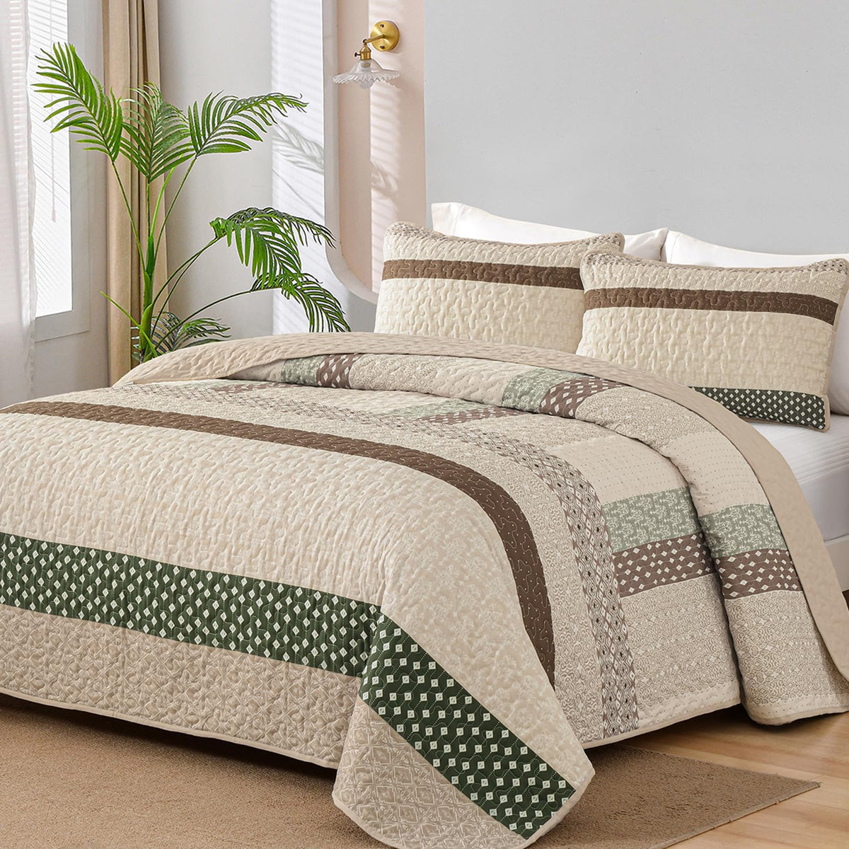 WONGS BEDDING Beige Quilt Queen Size, Boho Striped Bedspread