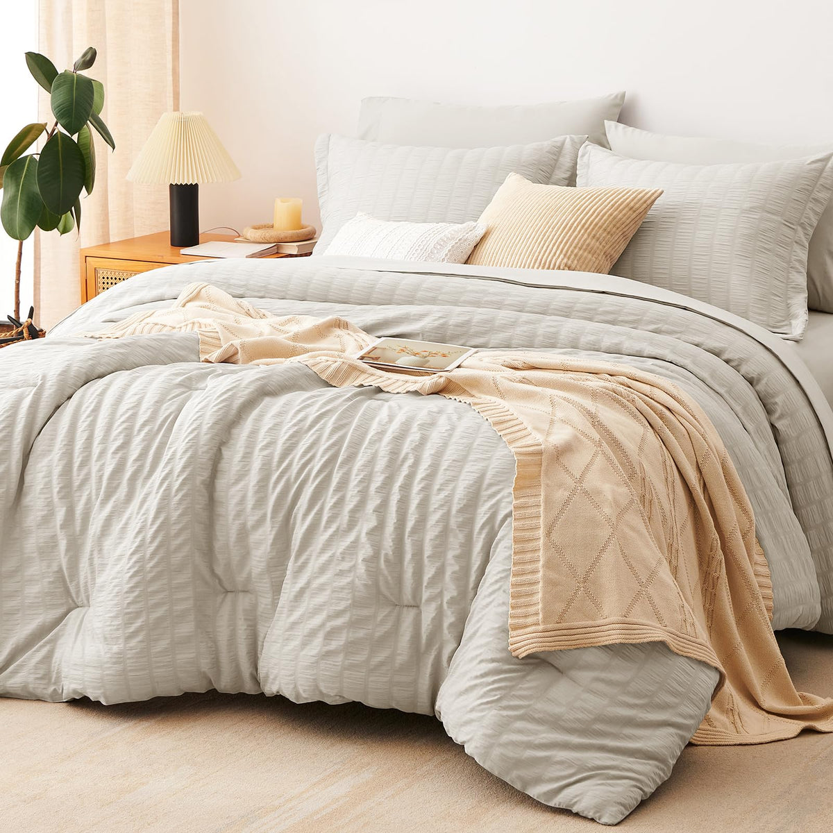 CozyLux Queen Comforter Set, 7 Pieces Beige Seersucker Bed in a Bag