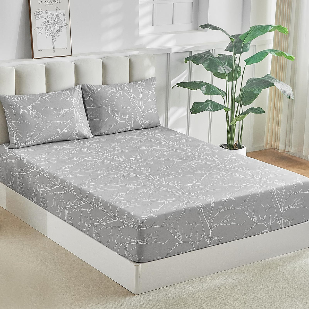 Tokokimo Queen Size Fitted Sheet with 2 Pillowcases, White & Floral Print