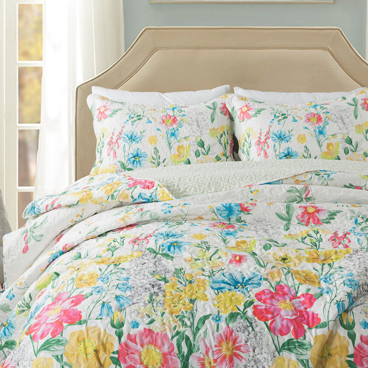Travan 3-Piece Quilt Set Quilted Bedspread Lightweight Coverlet Set Garden Style Floral Printed Oversized Quilted Bedding Set with Shams for All Season, Exquisite, Queen Size