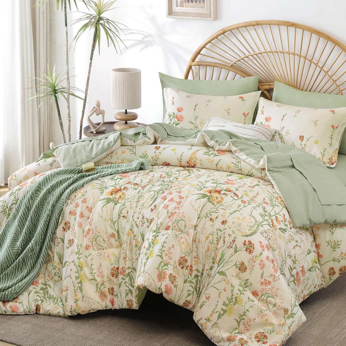 7 Piece Floral Full Size Comforter Set,Burnt Orange Cute Bedding for Girls