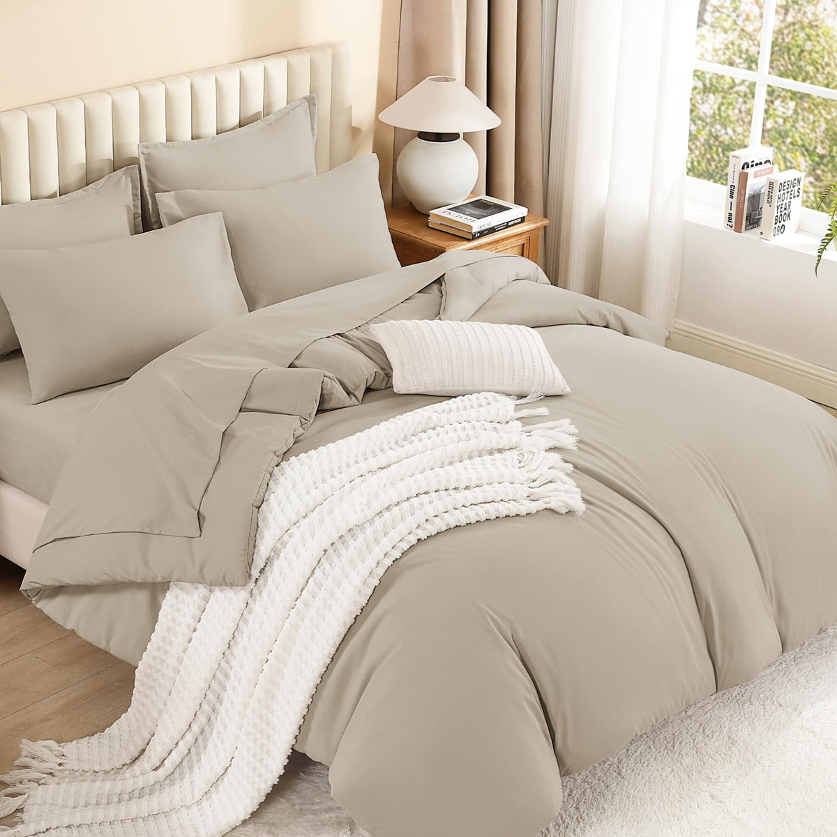 Litanika King Comforter Set with Sheets Beige - 7 Pieces Solid Bed in a Bag