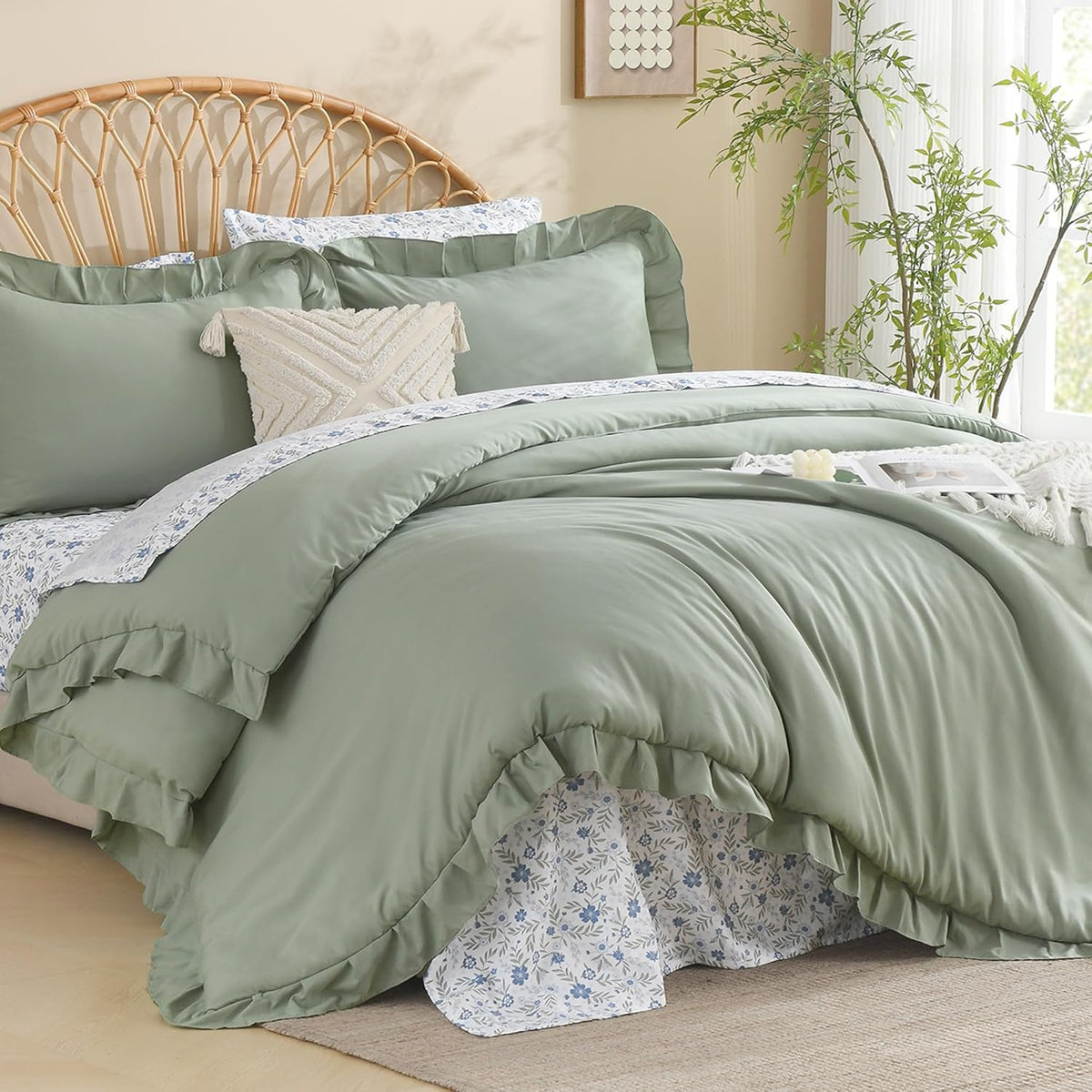 Litanika 7Pcs Queen Ruffled Sage Green Comforter Set with Floral Sheets
