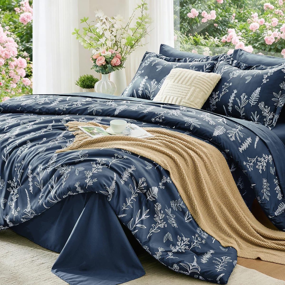 MUXHOMO Beige Full Comforter Set, Elegant Floral Print Bed in a Bag 7 Pieces, Ultra Soft & Breathable Reversible Botanical Pattern Bedding Set with Comforter, Sheets, Pillowcases, and Shams