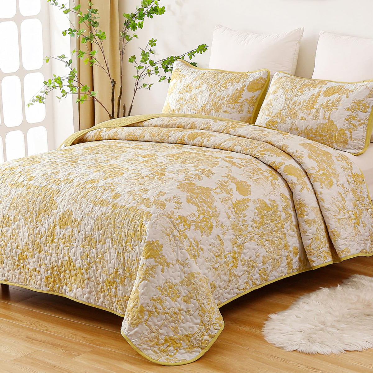 WONGS BEDDING Sage Green Quilt Set Queen Size, Botanical Floral Bedspread