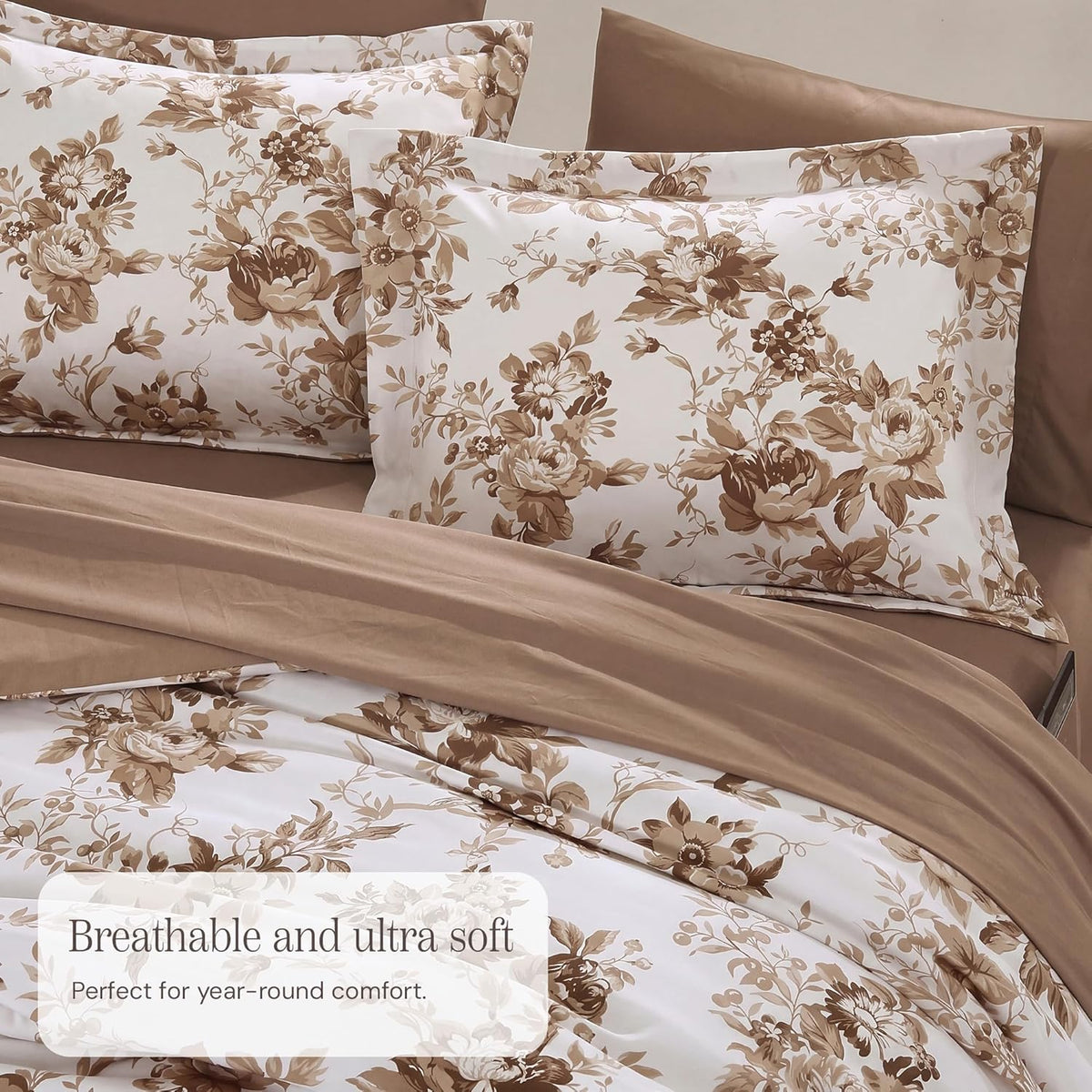 BLOOMHAVEN Queen Comforter Set-7 Pieces Brown Floral Bed in a Bag Queen