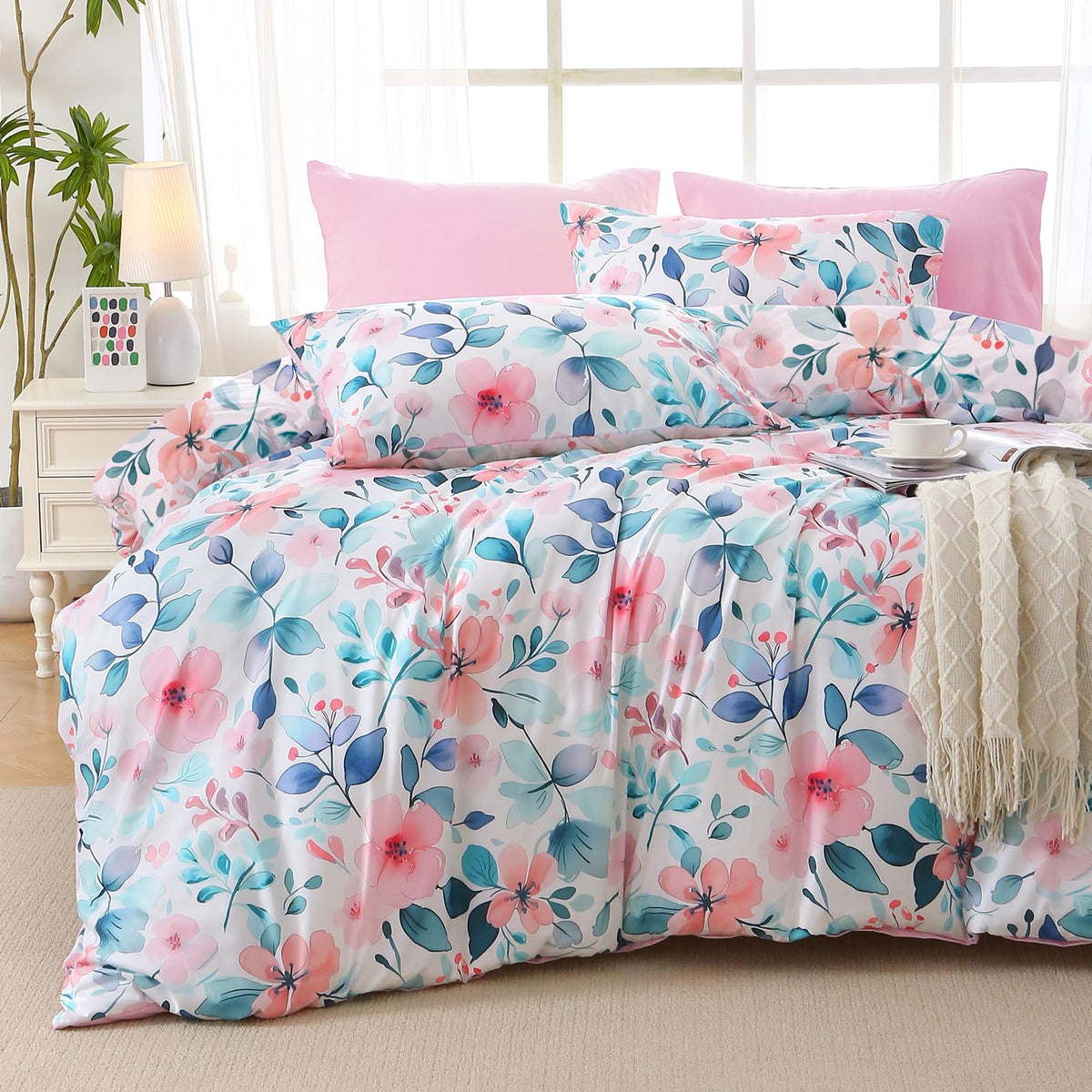 MUXHOMO Beige Full Comforter Set, Elegant Floral Print Bed in a Bag 7 Pieces, Ultra Soft & Breathable Reversible Botanical Pattern Bedding Set with Comforter, Sheets, Pillowcases, and Shams