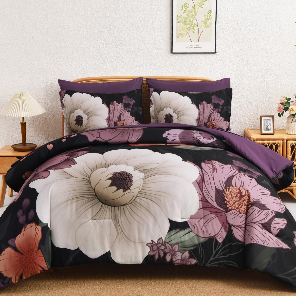 Xruibed Black Comforter Set King Size 7 Pieces Leaf Bed in a Bag Set